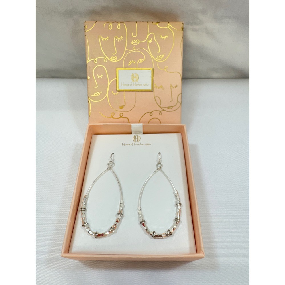 NEW House of Harlow 1960 Teardrop‎ Hoop Earrings Womens OS Silver Beaded